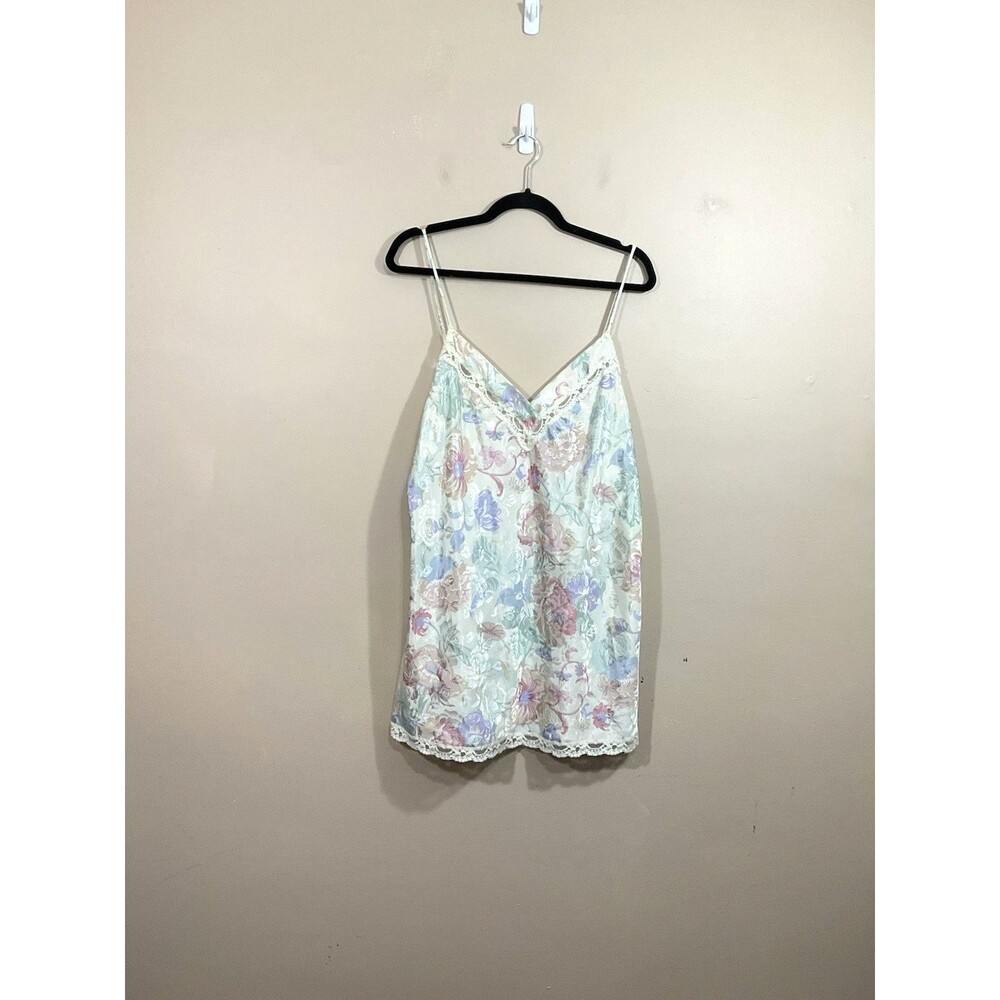 VTG Escapades Floral Mini Slip Dress L Beige 90s Lace Trim Lingerie Fairy Grunge